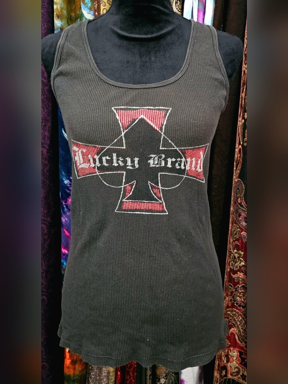Lucky Brand Black Ribbed Tank with Red Cross Graphic